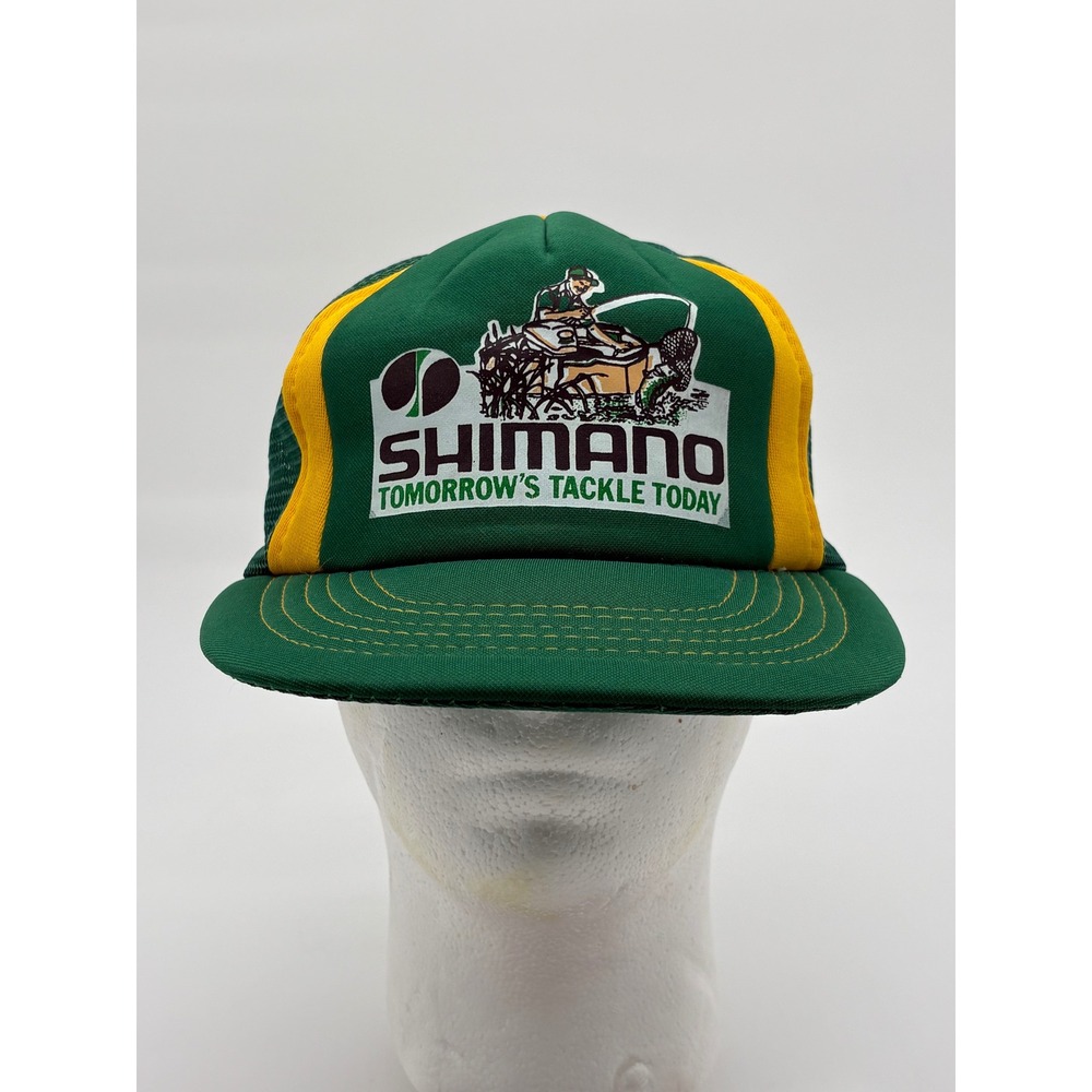 Vintage Shimano Fishing Trucker Hat Snapback Green Yellow Foam Front 80s Cap